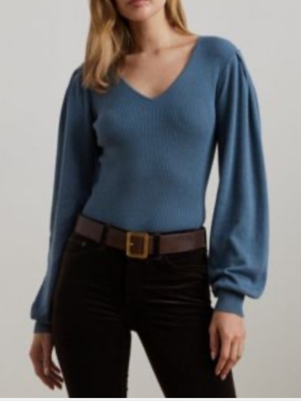 Lauren Ralph Lauren Women's Blue Ribbed Knit V-Neck Puff Sleeve Sweater XL euc